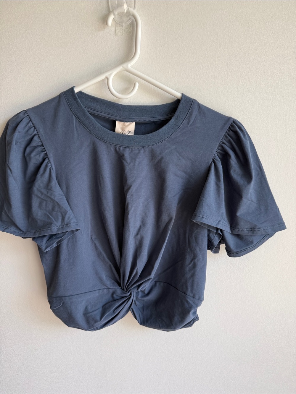 Twist-Front Puff Sleeve Crop Top - Slate Blue